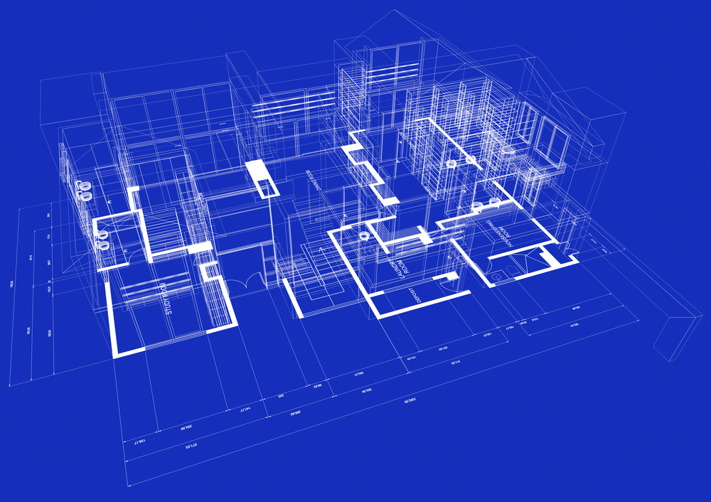 Blueprint style 3D rendered house with white outlines on blue background